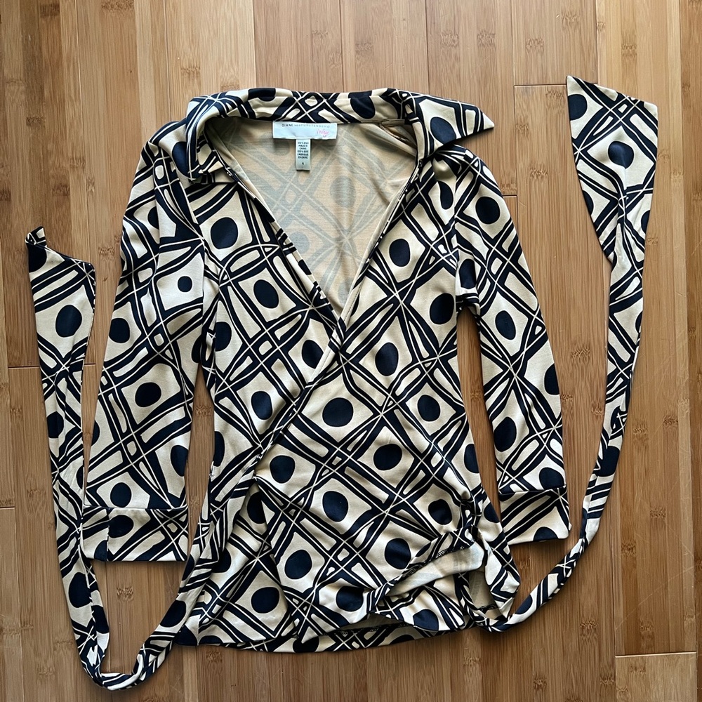 Diane Von Furstenberg Black and Cream Sailor Collar Wrap Blouse